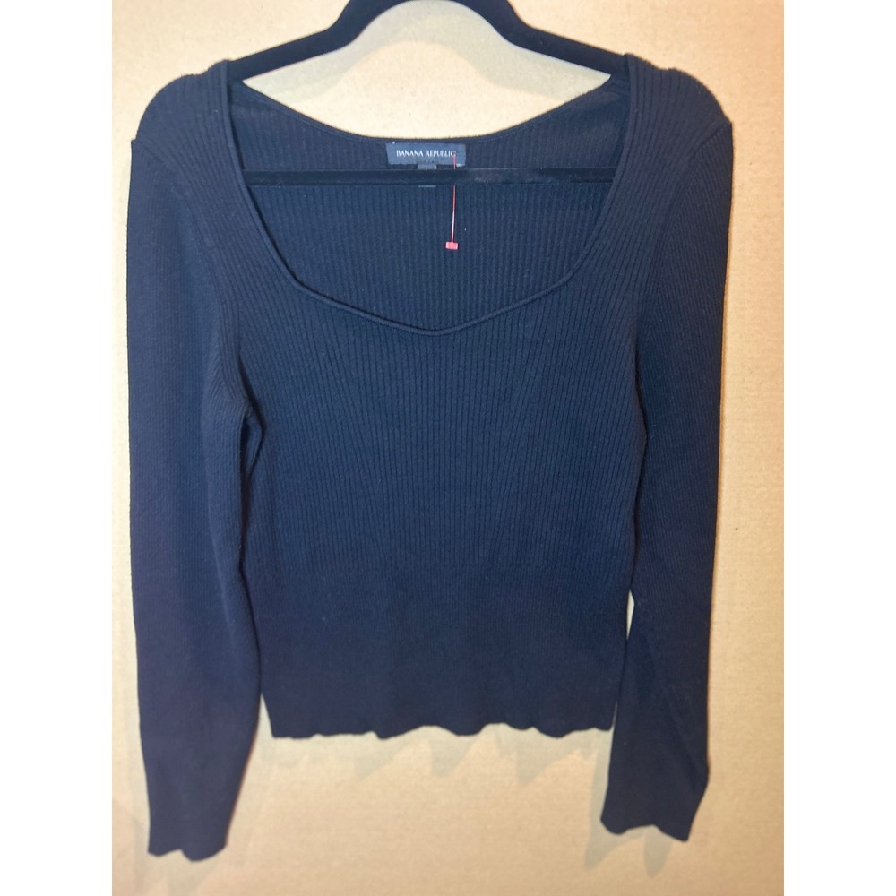 Banana Republic Sweater Top Women Large Black Excellent Ribbed Sweetheart Neck